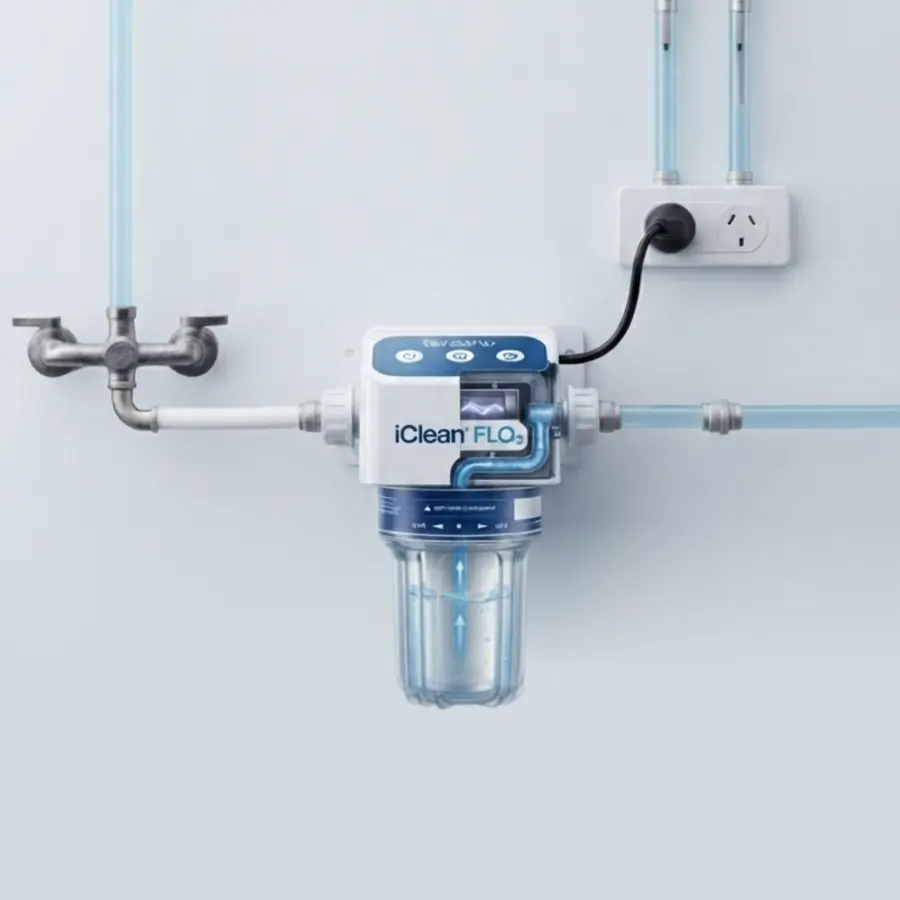 iClean FLO3 installed on a cold water line next to an outlet